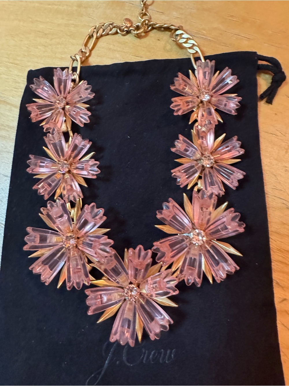 J.Crew Pale Pink Lucite Dahlia Flower Statement Necklace with Pouch